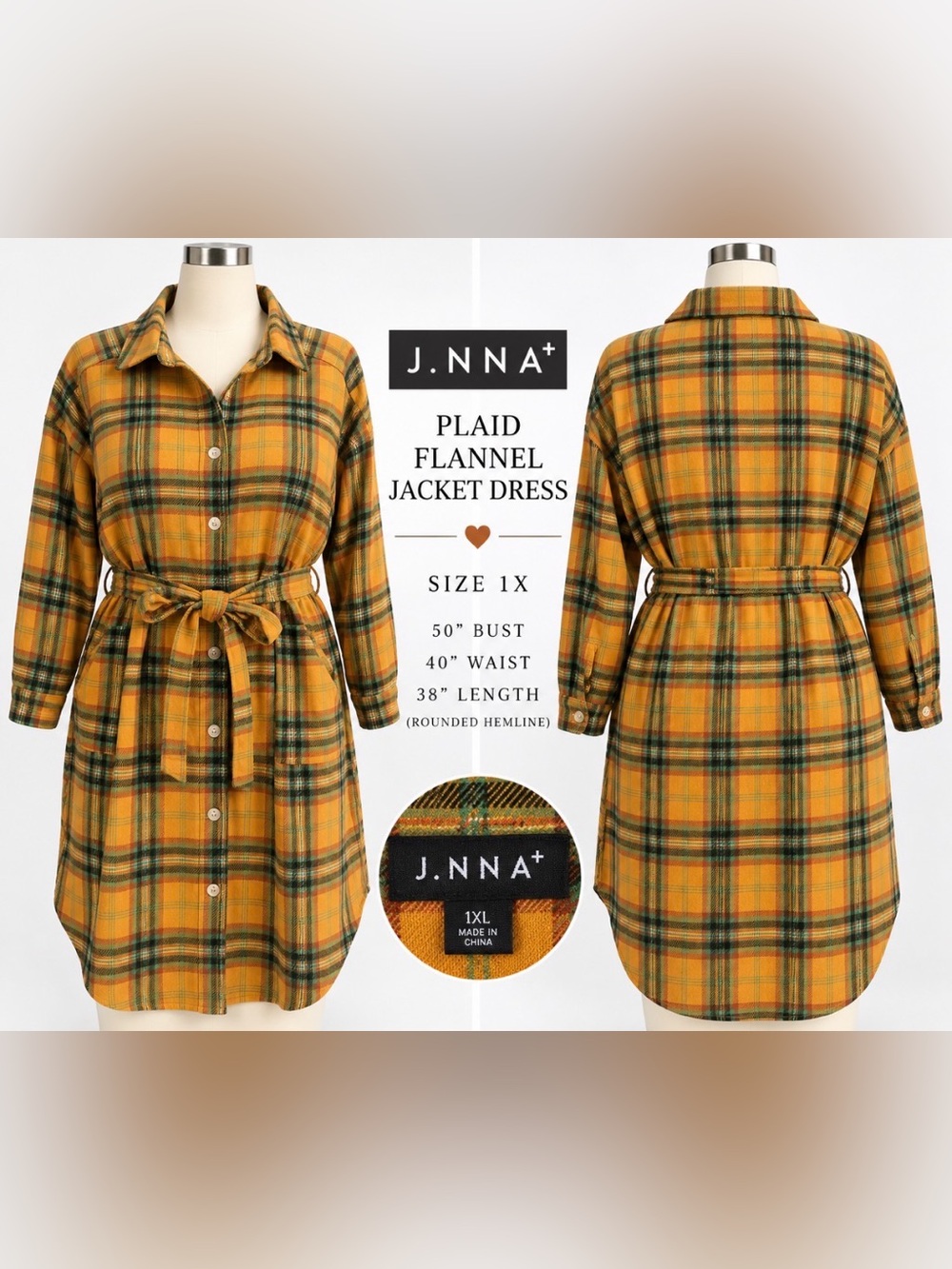 J.NNA - Yellow Plaid Flannel Jacket Dress- 1X Plus- rounded hemline